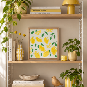 modernes Holzregal im Scandi Style mit gelber Deko passend zum kleinen Kunstwerk, welches im Regal steht. Auf dem Kunstwerk sind Zitronen aus Strukturpaste zu sehen.