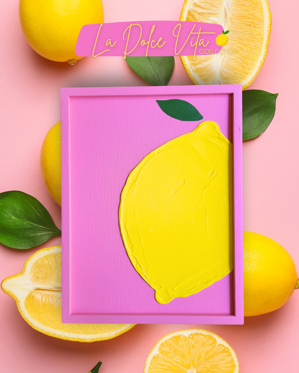 Strukturbild mit gelbem Zitronenmotiv auf pinkem Hintergrund