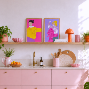Zwei farbenfrohe Kunstwerke in Gelb, Pink und Lila mit Frauenmotiven. Die Details wie Hemd, Schmuck und Cocktailglas sind aus Strukturpaste.