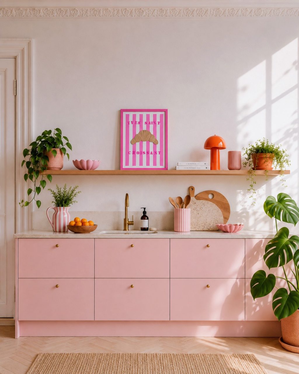Moderne Küche in hellrose im Scandi Style. Darüber ein Holzregal mit einem Kunstwerk gestreifter Hintergrund in Weiß und Pink mit einem Croissant aus Strukturpaste und der Aufschrift "AYES SAINT CROISSANT".