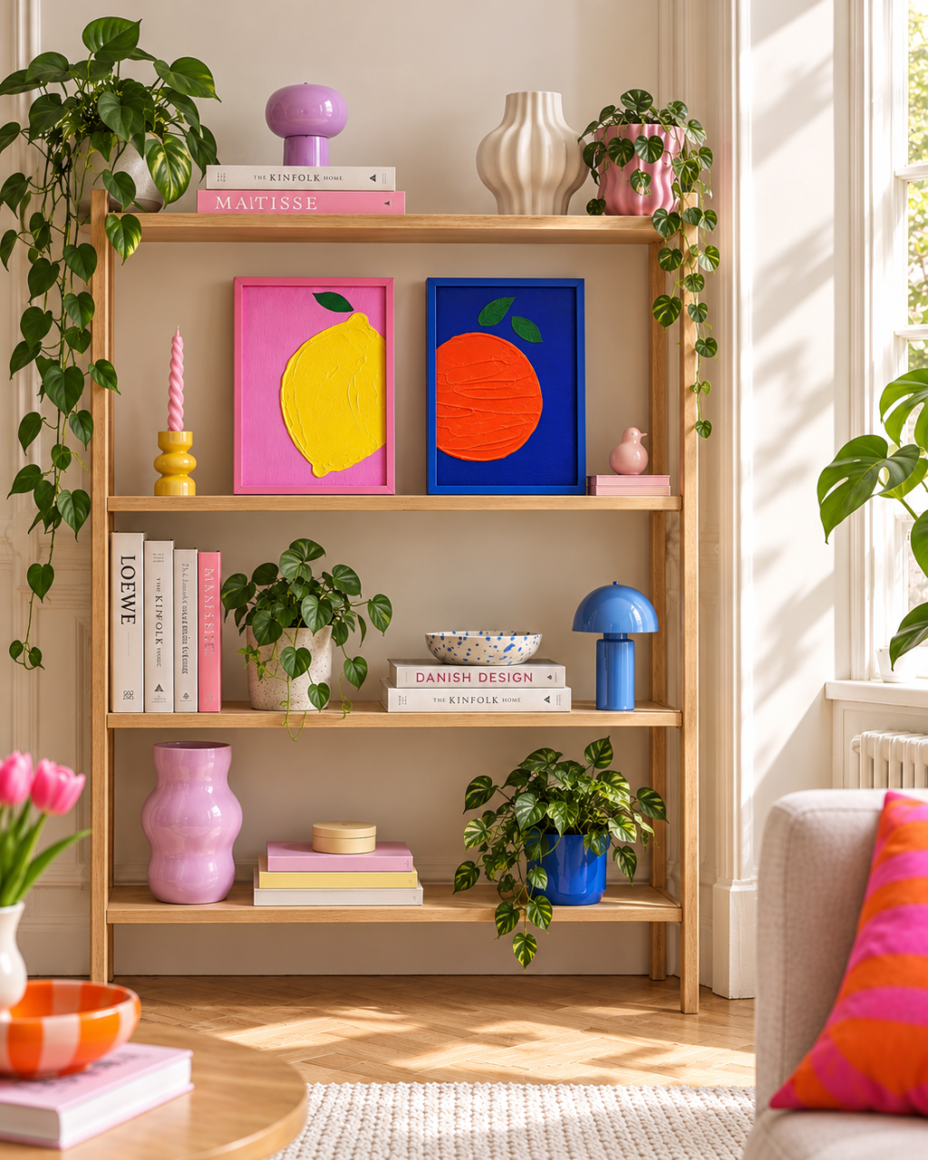 helle Altbauwohnung im Scandi-Stil mit zwei Kunstwerken in einem Holzregal. Ein pinkes Bild mit einer Zitrone aus Strukturpaste und ein Azurblaues Kunstwerk mit einer Orange aus Strukturpaste
