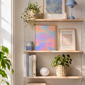 Abstraktes Kunstwerk mit pastellfarbenem Himmel in Rosa, Blau und Violett sowie dem Schriftzug „TRUST THE FLOW“ in leuchtend pinken Buchstaben aus Strukturpaste.
