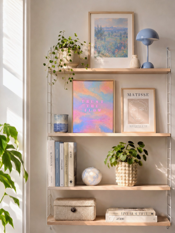 Abstraktes Kunstwerk mit pastellfarbenem Himmel in Rosa, Blau und Violett sowie dem Schriftzug „TRUST THE FLOW“ in leuchtend pinken Buchstaben aus Strukturpaste.