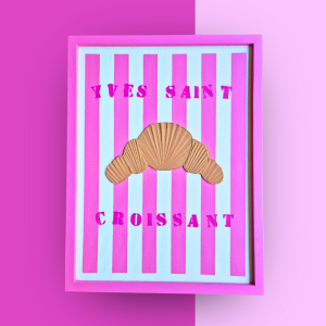Pink-Weiß gestreiftes Kunstwerk mit Croissant aus Strukturpaste